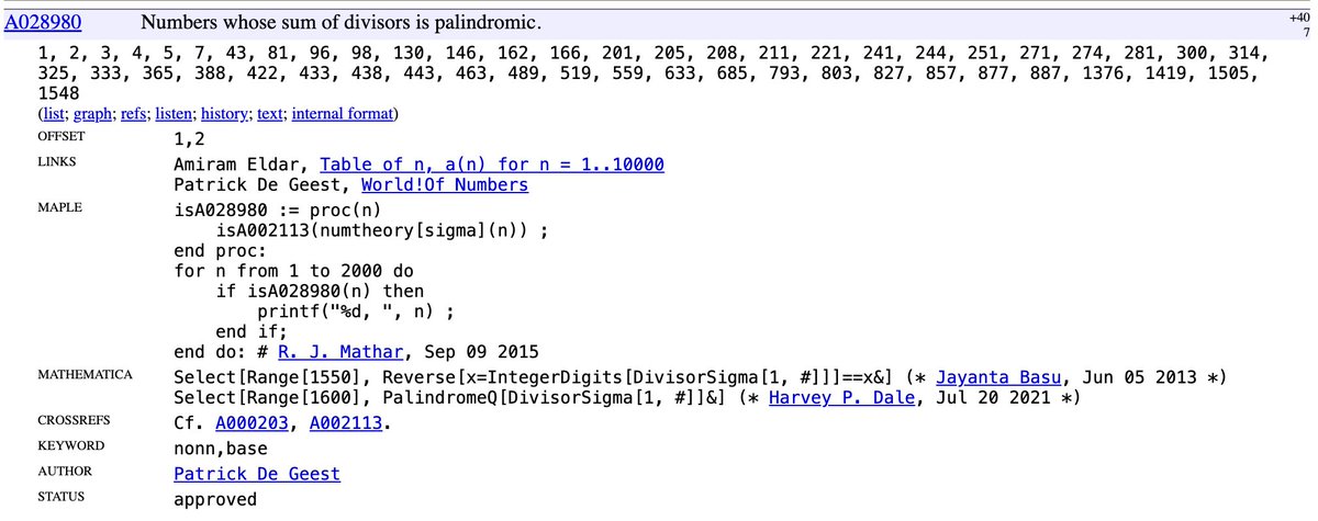 SeanReeves's tweet photo. 28212: 2^2 * 3 * 2351

Member of OEIS A028980: numbers whose sum of divisors is palindromic, here 65856; abundant and junction number since  28191 + 21 (digit sum) = 28212 and 28200 + 12 = 28212.

https://t.co/cjQIxQJz75 https://t.co/7EzWRWpJTT