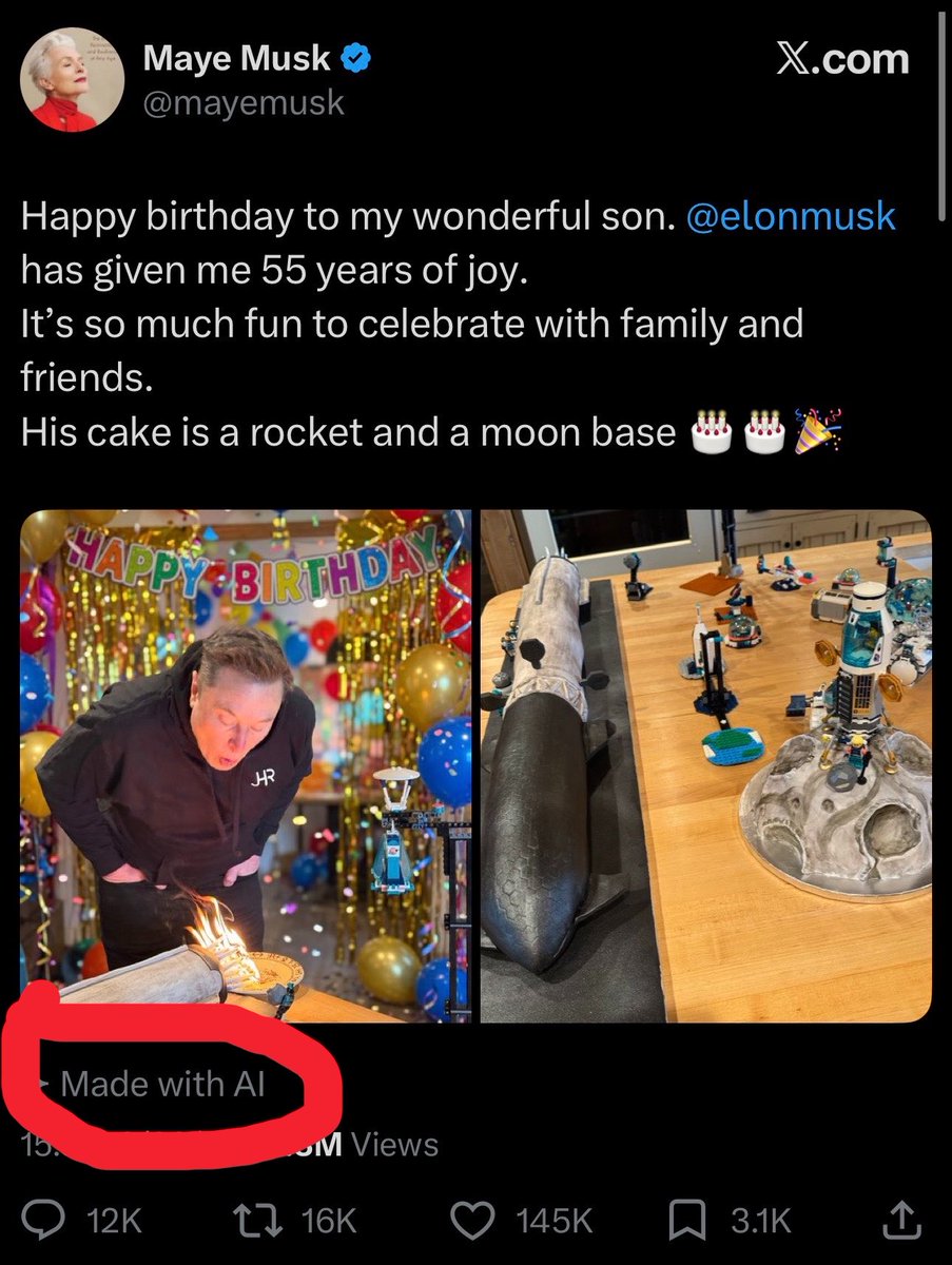 PresidentToguro's tweet photo. 1) elon musk obviously runs his mom's account 

2) instead of getting real pictures of family, he uses ai to generate them

3) that ai tag only appears when you use something other than grok to generate a picture so he doesn't even use his own product 

4) this is all so dire that my hermit ass almost feels bad for him not having real people to celebrate with
