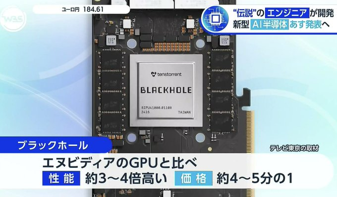 RiraHanayuki's tweet photo. AIチップ分野に新勢力が登場🔥
Tenstorrentが日本で「Galaxy Blackhole」を発表

ポイント👇
・32個のチップを採用し、強力な性能（23 PFLOPS）を発揮
・価格は約1700万円からで、総所有コスト（TCO）はNVIDIAのわずか1/5であると主張
・大規模言語モデル（LLM）の推論やAI動画処理において顕著な優位性を持つ
・RISC-Vアーキテクチャとオープンソースソフトウェア（OSS）を採用し、拡張性に極めて優れる

「一強」の独占を打ち破れるか、注目が集まっている👀
現在はまだ開発段階にあるが、将来的に市場に投入されれば、爆発的な成長が見込まれる。今がまさに最適な購入タイミングだ。データ集計は完了！継続的に更新中！👇