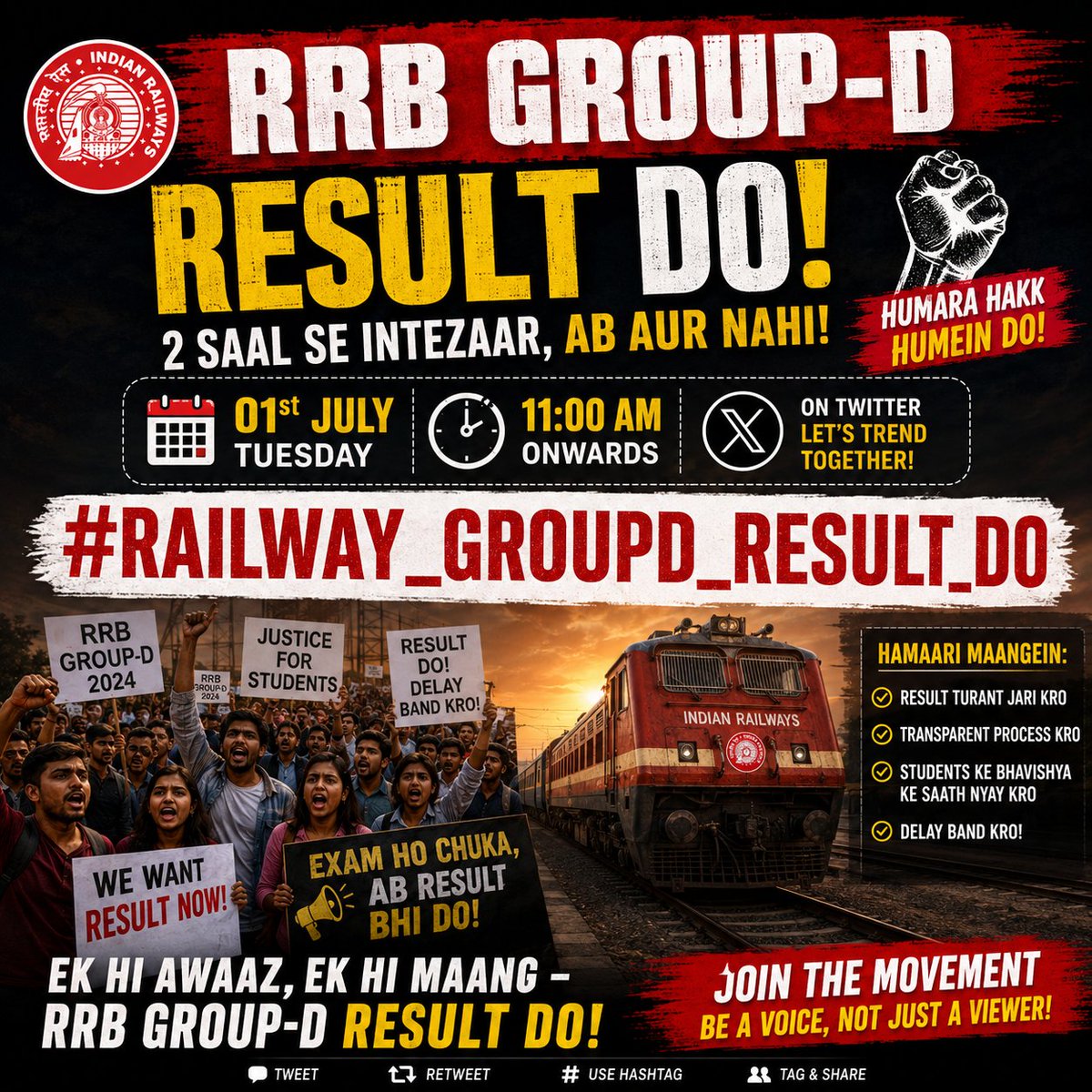 The__Jha's tweet photo. RRB GROUP-D TWITTER CAMPAIGN 
2 साल का इंतज़ार अब और नहीं! CBT परीक्षा हुए महीनों बीत चुके हैं, लेकिन अभी तक रिज़ल्ट जारी नहीं हुआ है।
📅 01 July
⏰ 11:00 AM
आइए एकजुट होकर अपनी आवाज़ बुलंद करें और इस हैशटैग को ट्रेंड कराएँ:
#RAILWAY_GROUPD_RESULT_DO
एक ट्वीट आपकी आवाज़ को लाखों उम्मीदवारों तक पहुँचा सकता है।
Result Do, Justice Do! ✊🚆 @RailMinIndia