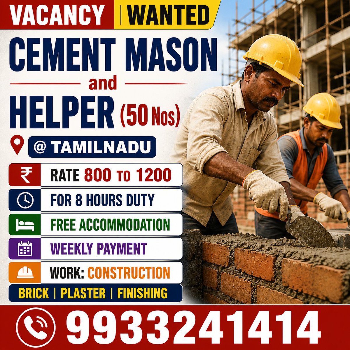 anmarketplace's tweet photo. Wanted Cement Mason & Helper for reputed firm in Kanyakumari, Weekly Payment
#construction #TamilnaduNews #masonry #Labour #anmarketplace https://t.co/M0muhRsiml
