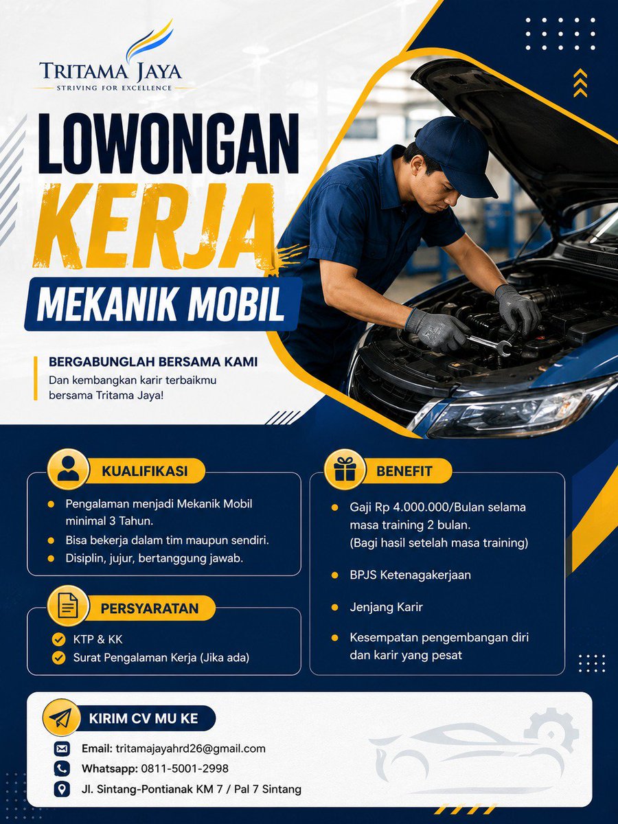 Lokersintang's tweet photo. 🔧 LOWONGAN KERJA – MEKANIK MOBIL 🚗

PT Tritama Jaya membuka kesempatan untuk Anda yang berpengalaman dan siap berkembang bersama tim profesional kami!

#LokerSintang #InfoKerjaSintang #LowonganSintang #CariKerja #LokerKalbar https://t.co/hWf3zVqLyZ