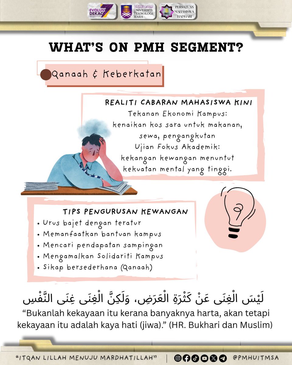 PMHUiTMSA's tweet photo. ✨What’s On PMH Segment (WOPS) kembali lagi! ✨

Assalamualaikum w.b.t

Minggu ini Exco Penerangan dan Informasi (EPI) tampil dengan tajuk *Qanaah dan Keberkataan* , di mana Realiti Cabaran Kewangan Mahasiswa zaman kini diketengahkan, https://t.co/lSLwAlr8w3