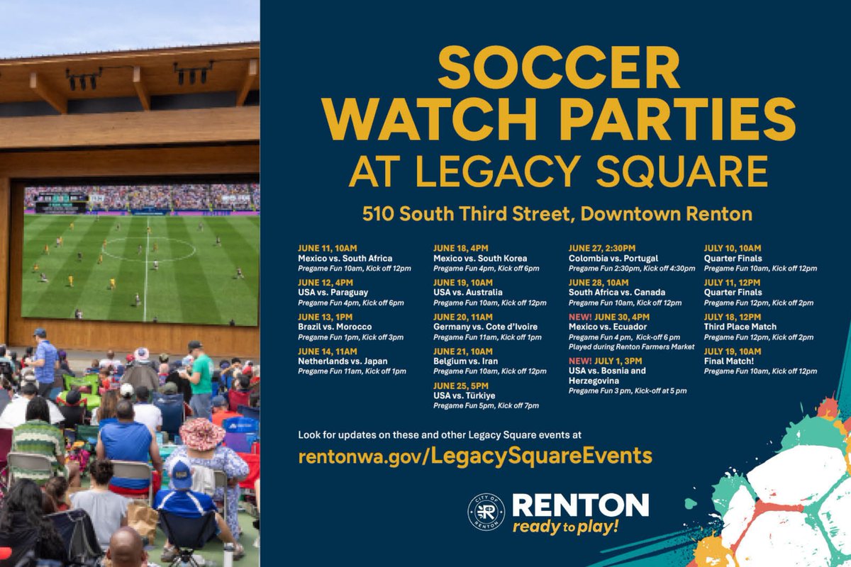 CityofRenton's tweet photo. Downtown doubleheader tomorrow, Tuesday, June 30! 
Shop the Renton Farmers Market and cheer on Mexico vs. Ecuador on the big screen.
📍 ONE location
🛍️ 70+ vendors
📺 30-ft screen
🅿️ FREE parking &amp; admission
🛍️ 3–7 p.m. – Renton Farmers Market
⚽ 4–8:30 p.m. – Soccer Watch Party https://t.co/EKOIBoCAIf