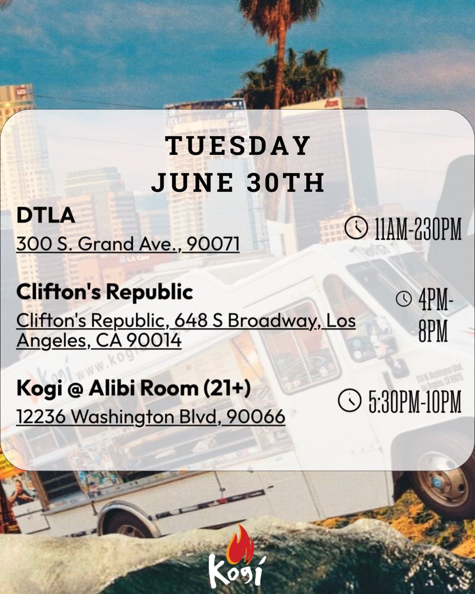 kogibbq's tweet photo. Tuesday • June 30
📍#DTLA 
11AM-230PM
300 S Grand Ave, 90071

📍 #DTLA Clifton's Republic 
4PM-8PM
648 S Broadway, 90014

🌮Weekly Schedule:
https://t.co/E6dn9zA9kS https://t.co/lm1JVlANzv