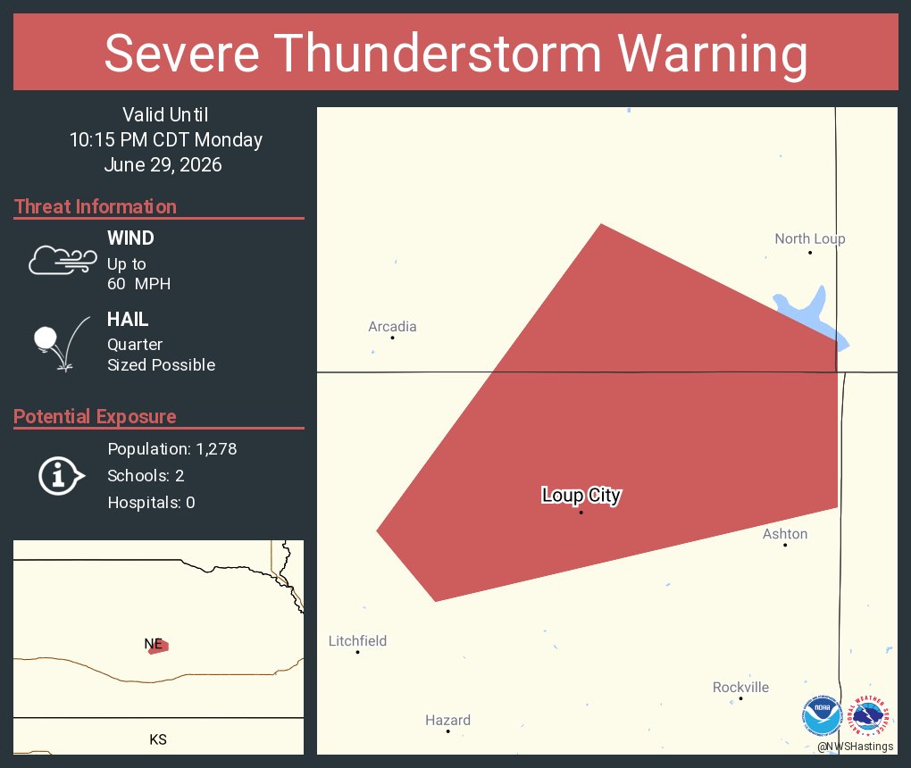 NWSSevereTstorm's tweet photo. Severe Thunderstorm Warning including Loup City NE until 10:15 PM CDT https://t.co/fpOfVH1yun