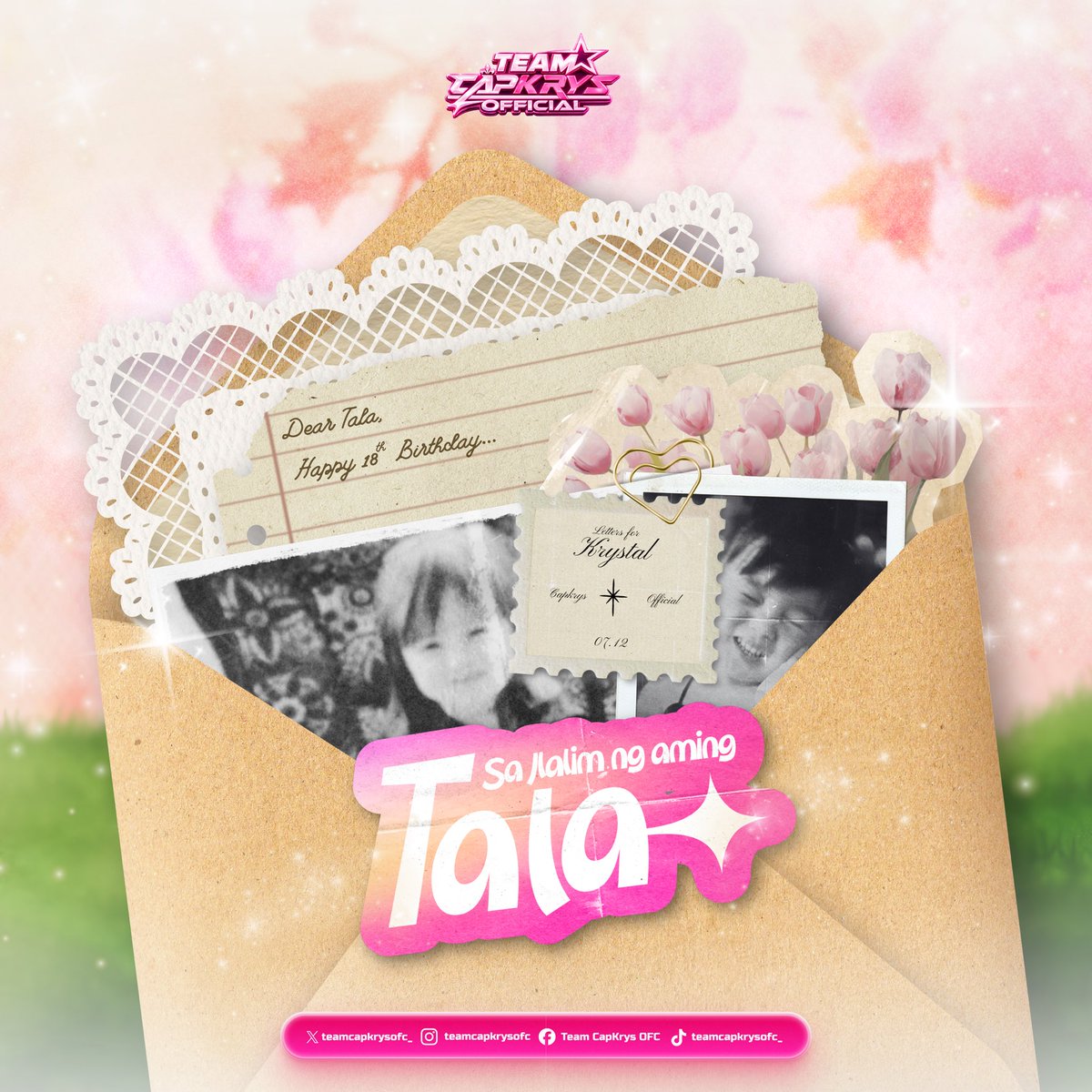 teamcapkrysofc_'s tweet photo. 𝑺𝑨 𝑰𝑳𝑨𝑳𝑰𝑴 𝑵𝑮 𝑨𝑴𝑰𝑵𝑮 𝑻𝑨𝑳𝑨 ✨

Every heartfelt word has a place beneath our brightest star.

We’re now accepting letter entries for our birthday project for Tala! Share your birthday wishes, favorite memories, words of appreciation, or a heartfelt message that we’ll compile into a special keepsake for her.

🗓 Submission Period: June 30, 2026 – July 4, 2026
📝 Maximum of 300 words per entry

Kindly submit your letter through our Google Form, which can be accessed through the link provided below. Please make sure to complete your submission before the deadline.

🔗: https://t.co/gaaAD3EeR5

Let your words become a gift she’ll always cherish.

Thank you to everyone who will take the time to participate and share their heartfelt messages. We truly appreciate your love and support in making this birthday project meaningful for Tala. 💛

#CAPKRYS | #KrystalMejes