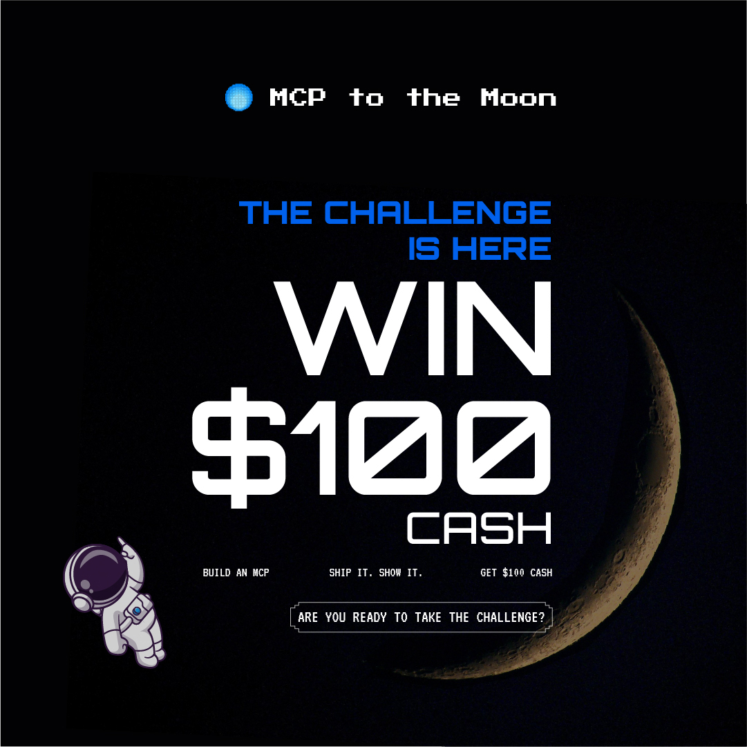 mcptothemoon's tweet photo. New challenge just dropped 🚨

Build one real value MCP server in 7 days.

🏆 Win $100 Cash, millions of Tokens, community rewards, and more.

Mission 01 is now live inside MCP to the Moon.

Challenge closes Saturday.

Jump in ↓ https://t.co/UnmcfkfL3D