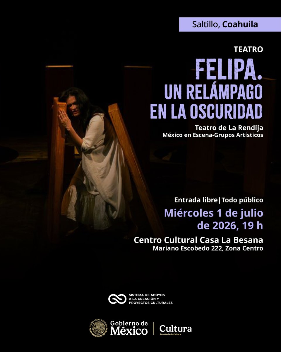 SistemaCreacion's tweet photo. "Felipa. Un relámpago en la oscuridad" sigue su recorrido por el norte del país y llega a #Saltillo. Conoce la historia de Felipa Poot, una mujer maya que se enfrentó a la opresión social como maestra y líder comunitaria. Presenta @TeatroRendija.

Mañana, 19 h
Entrada libre https://t.co/LcVs7jCvTv