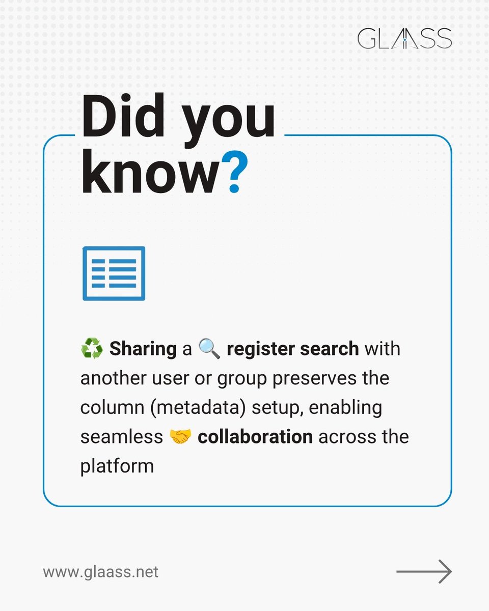 GlaassSoftware's tweet photo. DID YOU KNOW ❓

The ability to share saved register searches has been one of our favourite feature releases in the past year. We recently released a small QOL update that preserves the column (metadata) setup when sharing a search with users and groups! 🔍 https://t.co/TV42cZpNkN