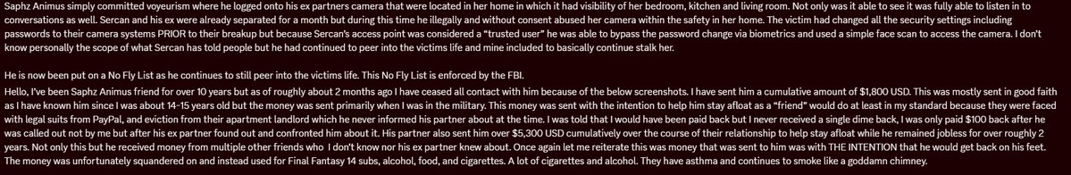 Kinslayers621's tweet photo. @Stakes_xiv I hope this message provides clarity to everyone that thought they knew who Saphz is and to prevent him from spreading any misinformation. This is not an attack, this is me providing evidence of 1. literal crime voyeurism 2. A sliver of the magnitude of the damage he has done. https://t.co/fZweUdQnWx