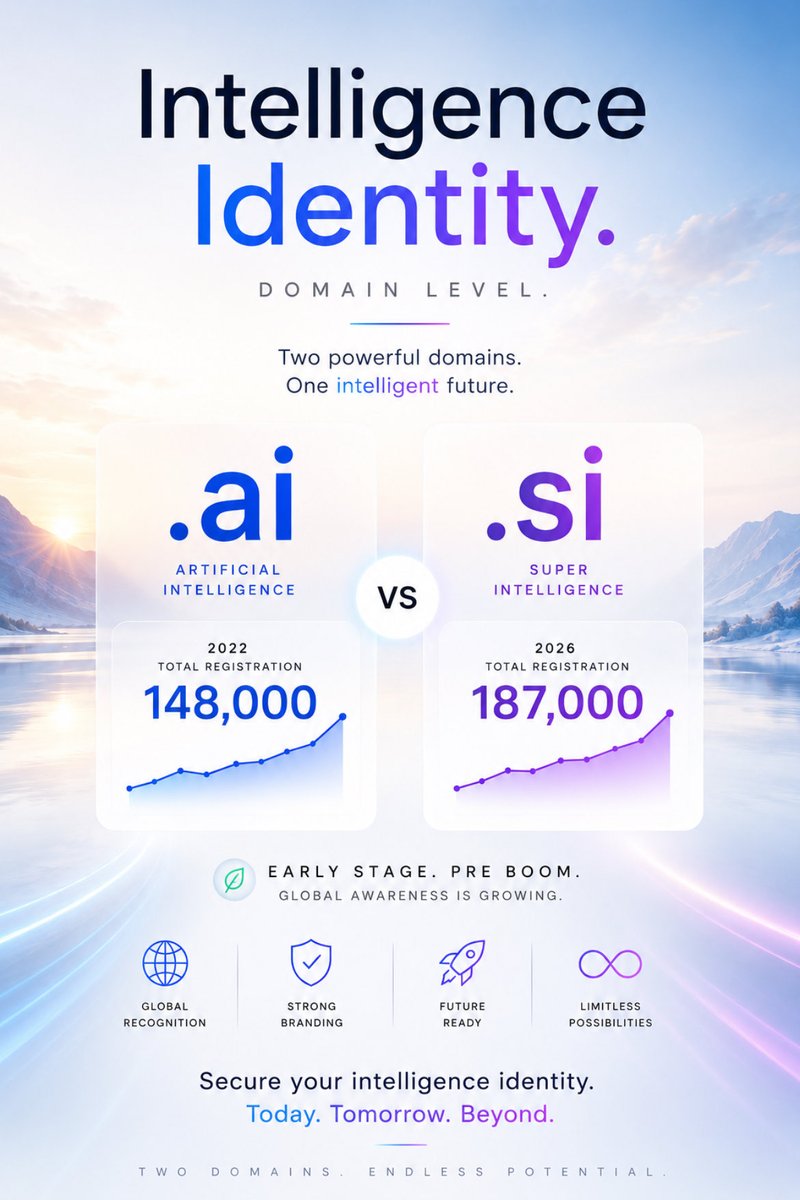 Superintell_'s tweet photo. Every technology era creates its own identity.

.ai → Artificial Intelligence
.si → Superintelligence

Early adoption registrations
• .ai (2022): 144k
• .si (2026): 187k

Today, .ai defines AI.

Tomorrow, .si may define Superintelligence.

Technology evolves. So does identity https://t.co/XAwgVzhJ5Z