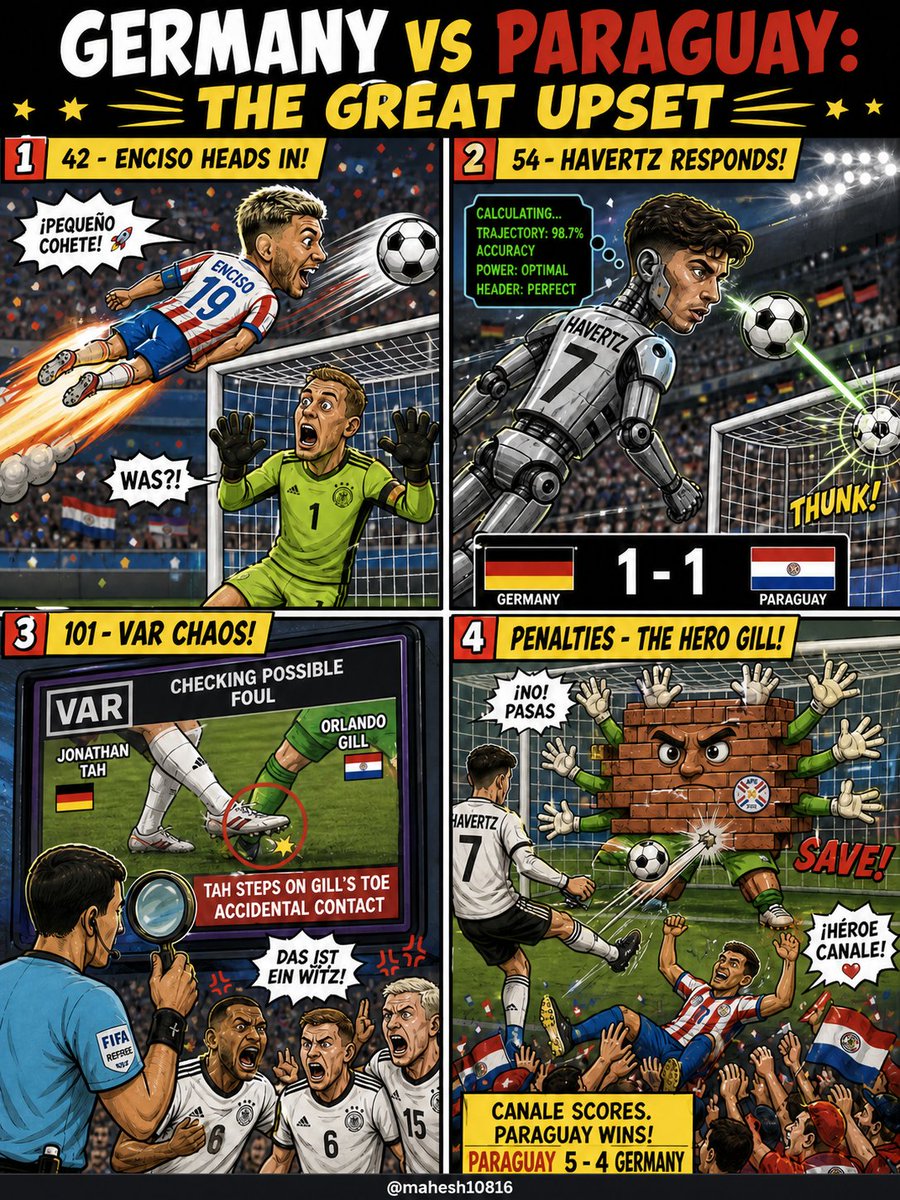 Mahesh10816's tweet photo. First Upset of the World Cup. 

#GermanyVsParaguay
#Germany #Paraguay #FifaWorldCup
#Upset https://t.co/jtu0wy4908