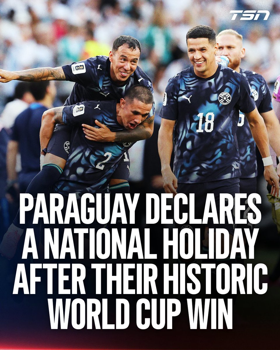 TSN_Sports's tweet photo. Paraguay has declared tomorrow, June 30, a public holiday in celebration of their national team reaching the Round of 16 at the #FIFAWorldCup 👏🇵🇾 https://t.co/pSkU8fZUur