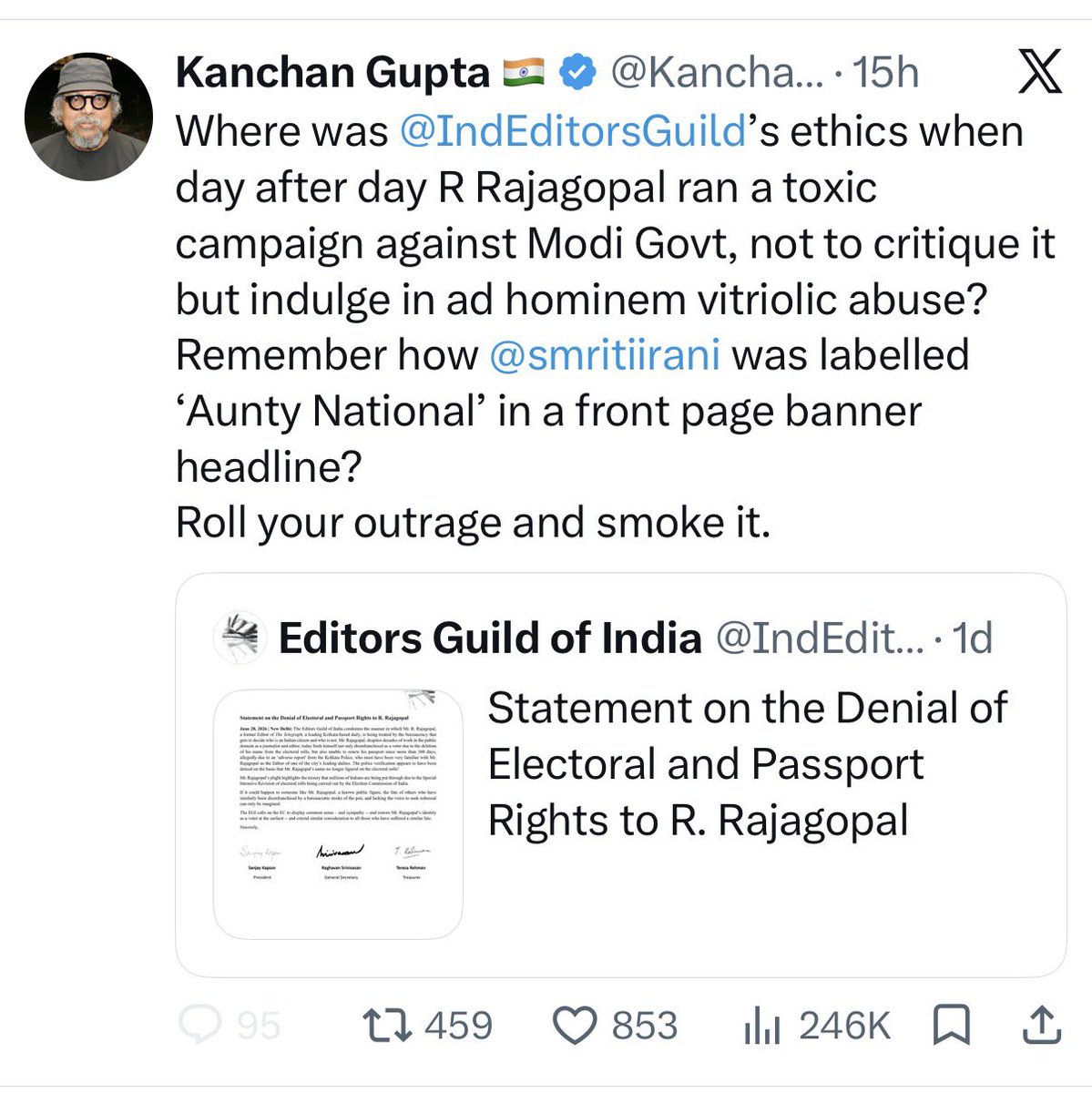 SaketGokhale's tweet photo. An official & an advisor to the Govt of India openly states that Telegraph editor R Rajagopal is being denied a passport renewal because of his journalism that was critical of the Modi Govt. 

This is a stunning official admission of how Modi-Shah control the media & set the narrative. 

Minister @AshwiniVaishnaw must clarify if passport & citizenship for journalists is now conditional on sucking up to the govt as stated by his ministry’s official.