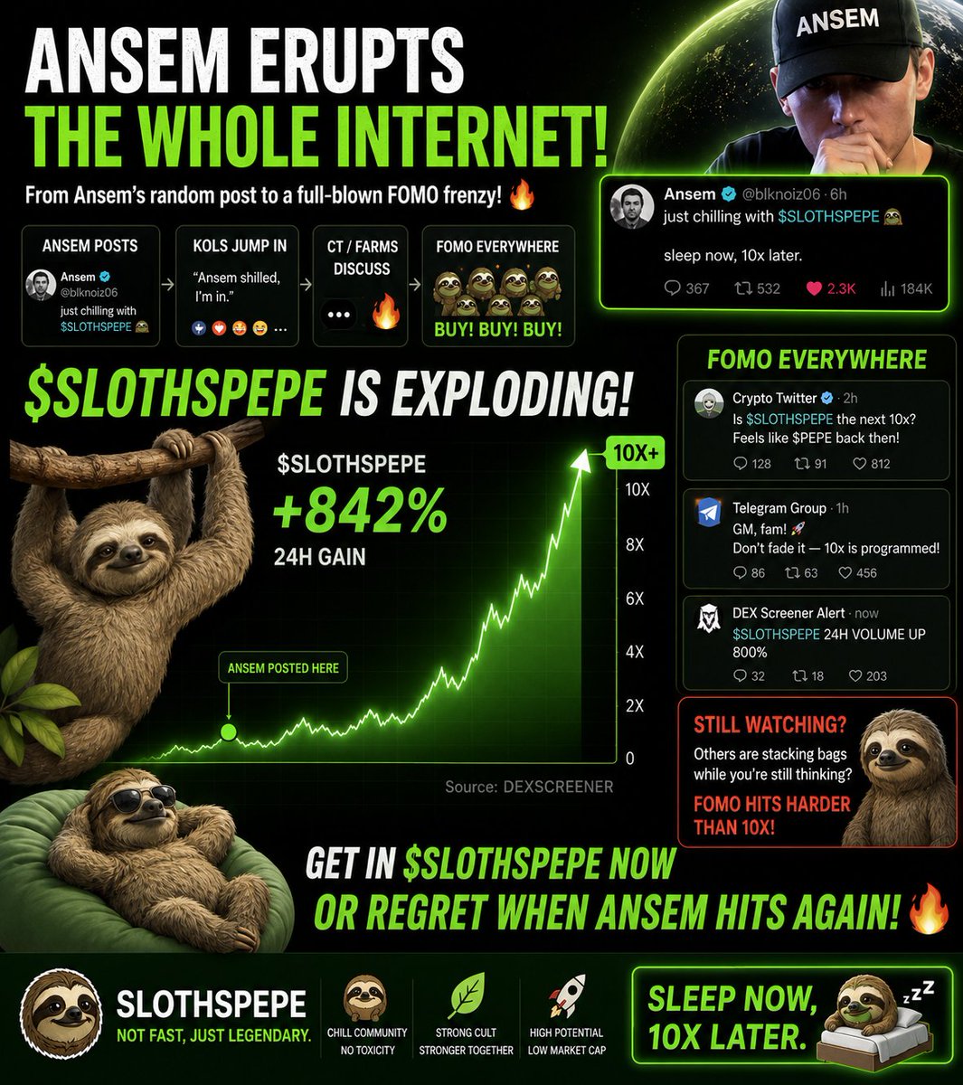 Slothspepe's tweet photo. The entire meme market starts paying attention. 👀🔥That's how narratives are born.

While everyone is chasing yesterday's winners, we're building the next community-driven movement.

🦥 $SLOTHSPEPE 🐢 Not fast. Just early.

The strongest memes aren't the ones that move first. https://t.co/wETMq2TJNM