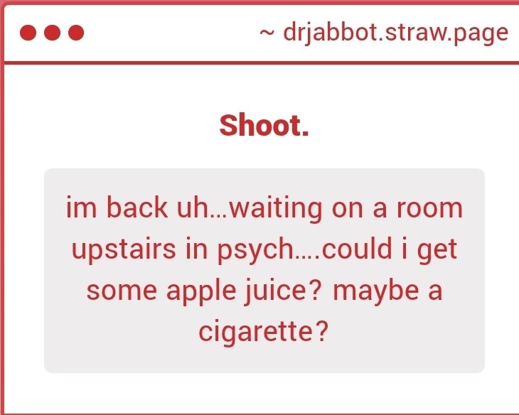 drjabbot's tweet photo. Apple juice can be arranged, but a cigarette can't. 
Smoking is bad for your lungs, sweetheart. https://t.co/HSQUKlPXHf