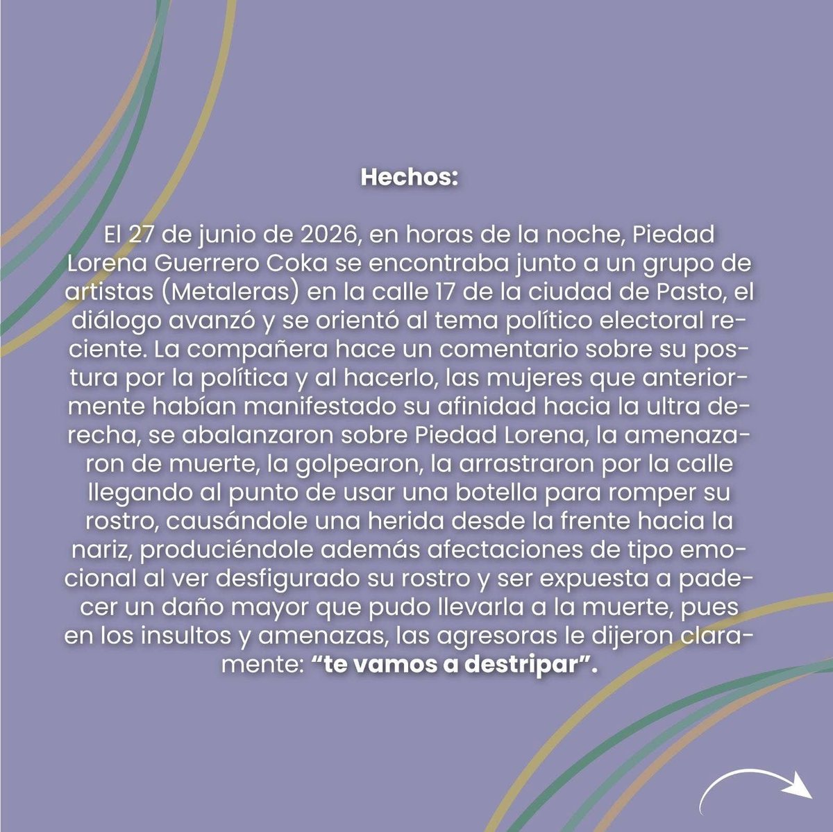 MadameSiimone's tweet photo. ESE TIPO Y SU DISCURSO DE ODIO

Unas viejas adoradoras del matagatos casi matan a PIEDAD LORENA GUERRERO COKA en Pasto. 

Por favor máxima difusión, esto debería estar causando indignación nacional, en serio nos van a matar a todos? A lo bien ? (1) https://t.co/lRYu5i2ETo