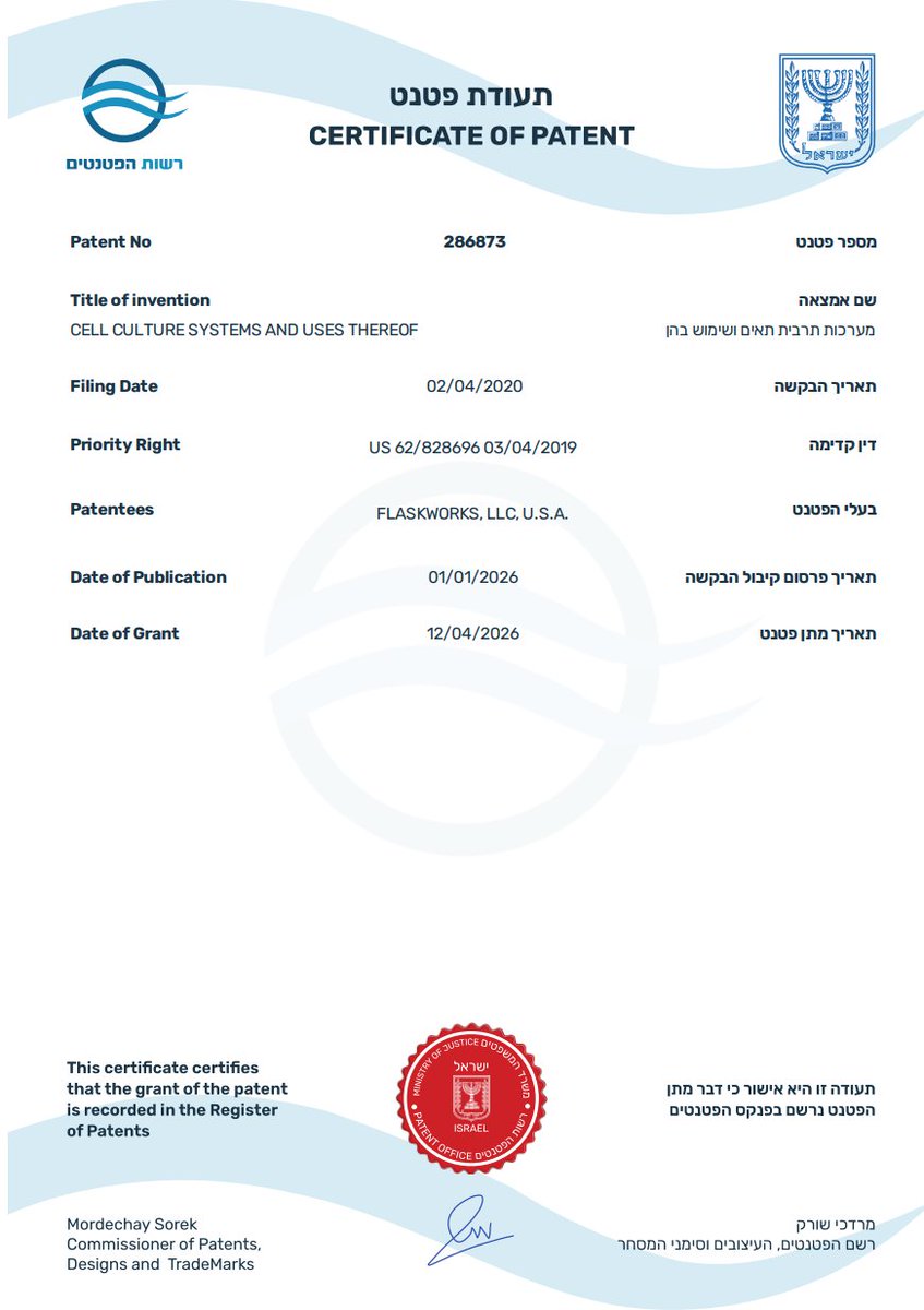 HenryMuney's tweet photo. #Flaskworks patent granted on April 14, 2026: 🇮🇱 IL286873 - "Cell culture systems and uses thereof"
$NWBO
https://t.co/nE5bcFf05P https://t.co/fYxqHJx3qp