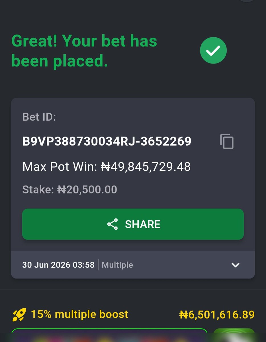 lekan_mark's tweet photo. 5JJ7DQT   7/7 💥 E don boom joor 💪 
#Bet9jaCode https://t.co/JaxyyAhCdi