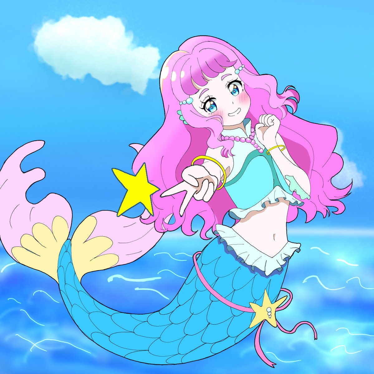 CyanoEvolution's tweet photo. 人魚の日の丁度正午、つまり人魚の時間！
数年越しに気付いてしまった…。
『ローラちゃんの誕生日は人魚の日なのに一度も人魚の姿で誕生日イラスト描いてない！！』
と。
なので人魚のローラちゃんです🌸
この姿が1番すき。やっぱコレだね〜⭐︎
#キュアラメール生誕祭2026
#ローララメール生誕祭2026 https://t.co/2zbthLZov6