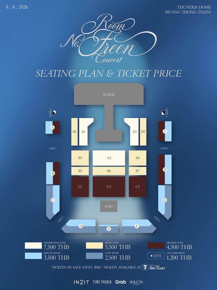 Solenn_Ent's tweet photo. Scout your favorite suite 👀
Check the Seating Plan & Benefits before booking opens. 🚪🔎✨

🎫 Tickets on Sale: 8 July 2026 | 10:00 AM (GMT+7)
ALL TICKET & 7-Eleven Counter Service

Stay tuned for sale details!

#RoomNumberFreen
#InTheFreenRoom
#solennEntertainment #srchafreen 
-----

🗓️ 8 August 2026
Thunder Dome, Muang Thong Thani

Ticket Price: 7,500 | 5,500 | 4,500 | 3,500 | 2,500 | 1,200 (Live Streaming)