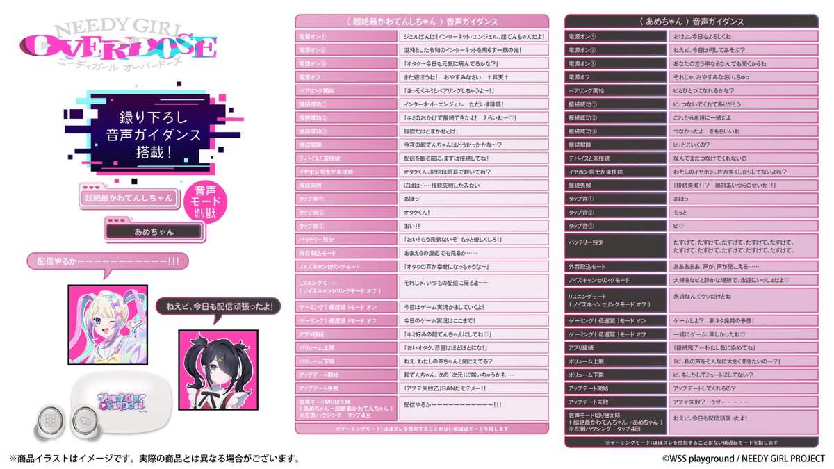 onkyodav's tweet photo. ✨好評受注受付中✨
🩷TVアニメ『NEEDY GIRL OVERDOSE』🖤
新規録り下ろしボイス搭載ワイヤレスイヤホン
https://t.co/GRVaryYI55

🎙「搭載音声ガイダンス（2モードチェンジ仕様）」
🎀超絶最かわてんしちゃん（CV：#天城サリー さん）
🕷️あめちゃん（CV：#天城サリー さん）
✅「最新機種」 AOW01 MARKⅡ ※ノイズキャンセリング＆ゲームモード（低遅延）搭載
✅「音声ガイダンス」 計54ワード搭載
✅「受注締切」8月7日（金）15：00まで！！
✅「展示・試聴・ボイス確認・店頭受注受付・グッズ店頭販売」秋葉原店舗＃音アニ 1号店
https://t.co/iXwdZXGNCn
✅「描き下ろしイラストグッズ」好評販売中☺
#ニディガ