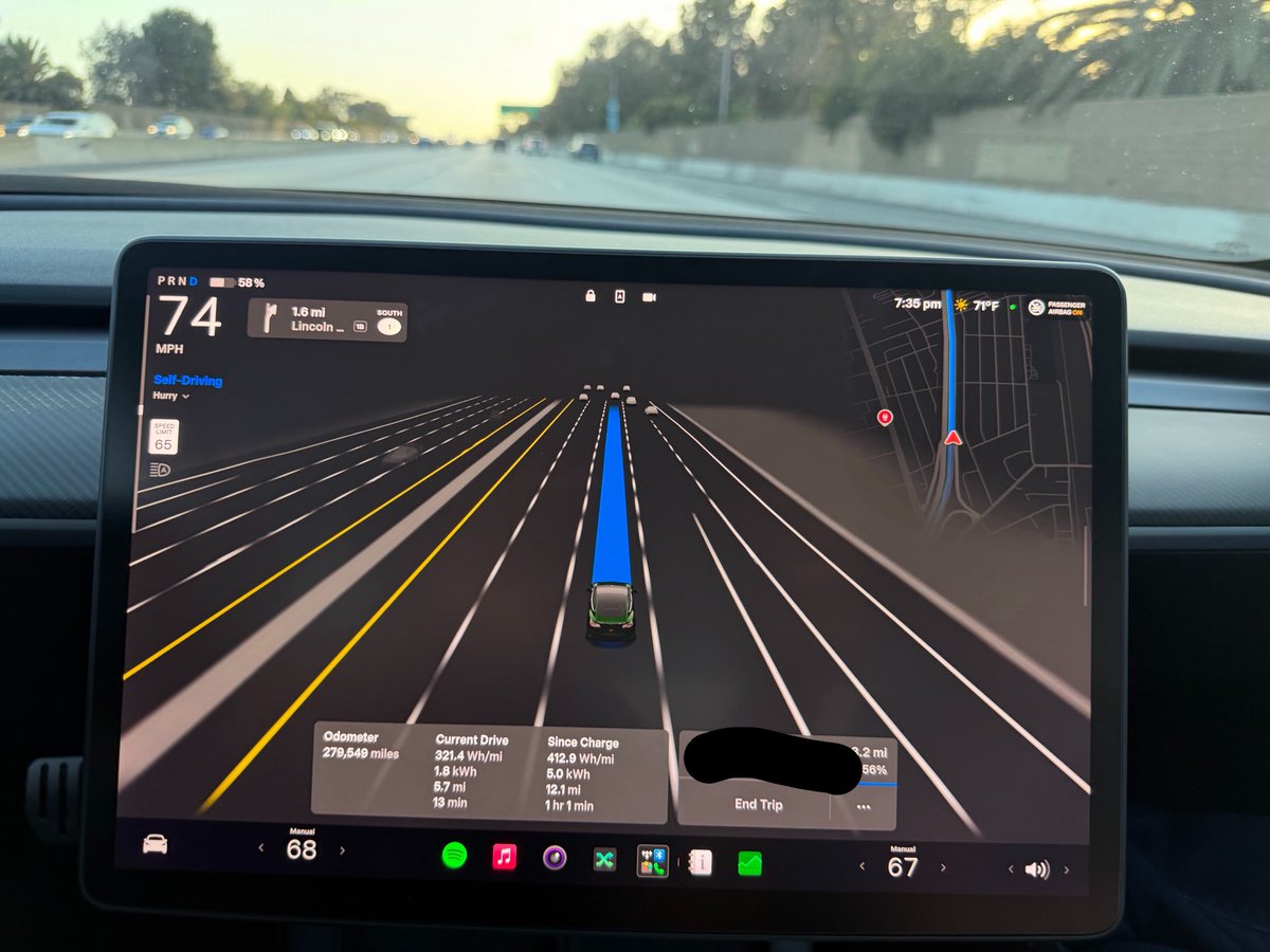 BLKMDL3's tweet photo. FSD v14 lite highway performance is a massive leap over v12.6.4. 

So so good 🔥 https://t.co/6mbLE1Dxa0