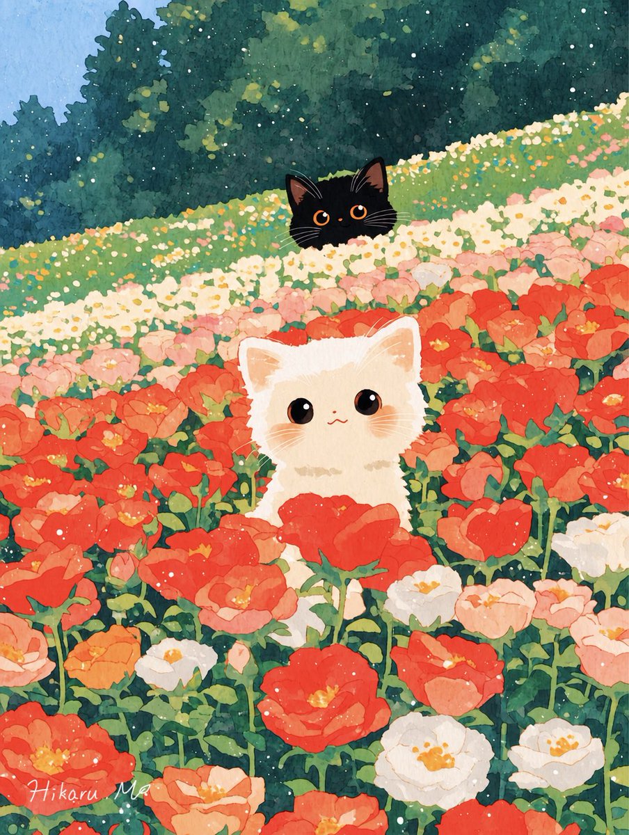 お花畑と白猫黒猫 ラブリーキュート🩷