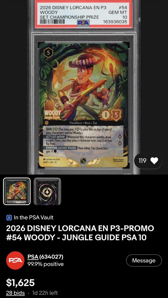 JoshShadow's tweet photo. The Lorcana Wilds Unknown Set Champs end this weekend with your last chance to obtain the Woody - Jungle Guide promo. Raw is hovering around $200 with the first PSA 10’s hitting eBay. Where do you think this auction ends up? https://t.co/wS8w9t5g7f