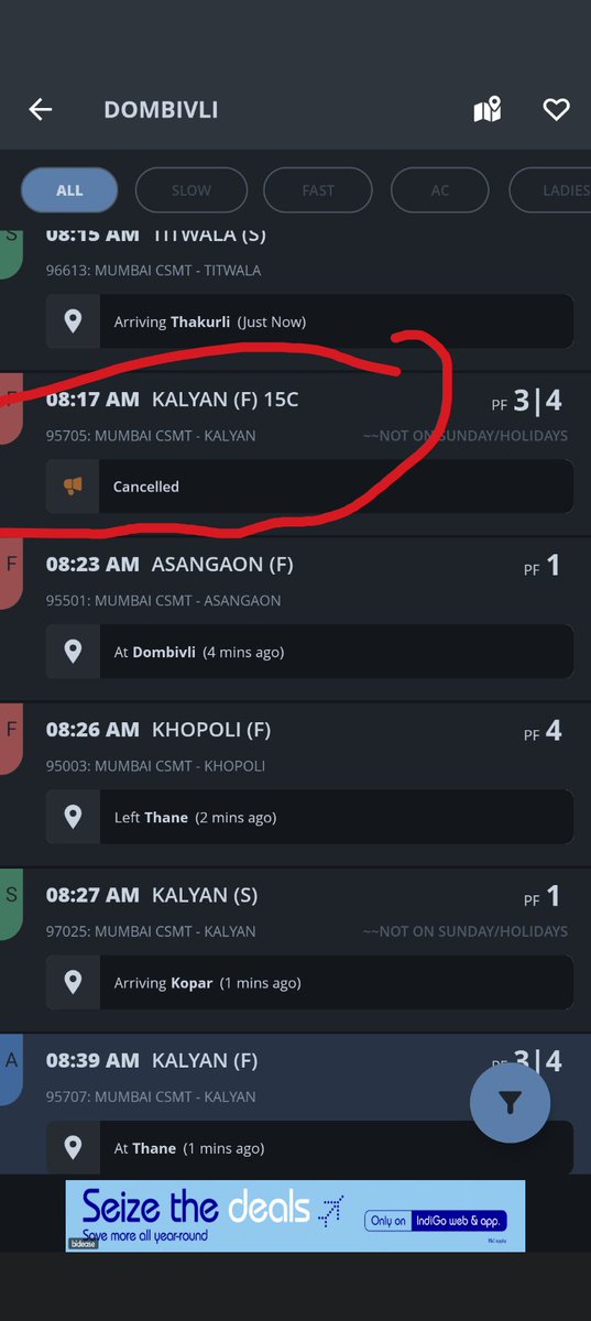 Rockingrush's tweet photo. @Central_Railway @drmmumbaicr 8.17 CSMT - Kalyan 15 coach Fast train at Dombivli is showing cancelled on Yatri app which is an official app of Central Railway. However the announcement happening on Dombivli station is saying it is running late. Now who we should believe? https://t.co/wGEPsxPU1I