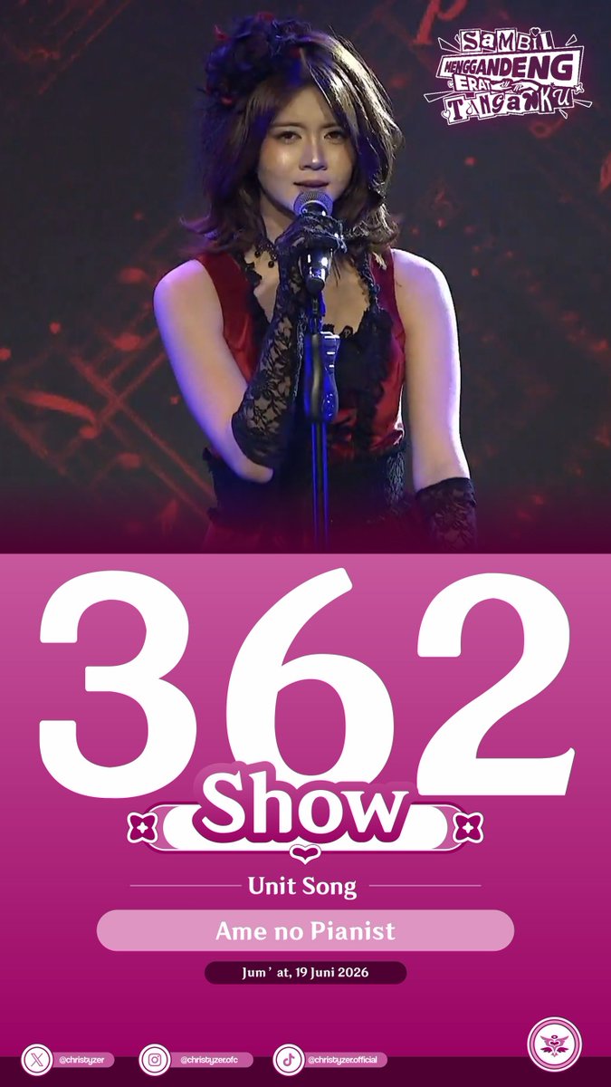 Christyzer's tweet photo. @A_ChristyJKT48 [Update Show @A_ChristyJKT48]
Setlist : Te wo Tsunaginagara
Unit song : Ame no Pianist 
Jumlah show : 362
#ChriShow #SMETsterBaru #TewoTsunaginagaraJKT48 https://t.co/kQnS2stlbw