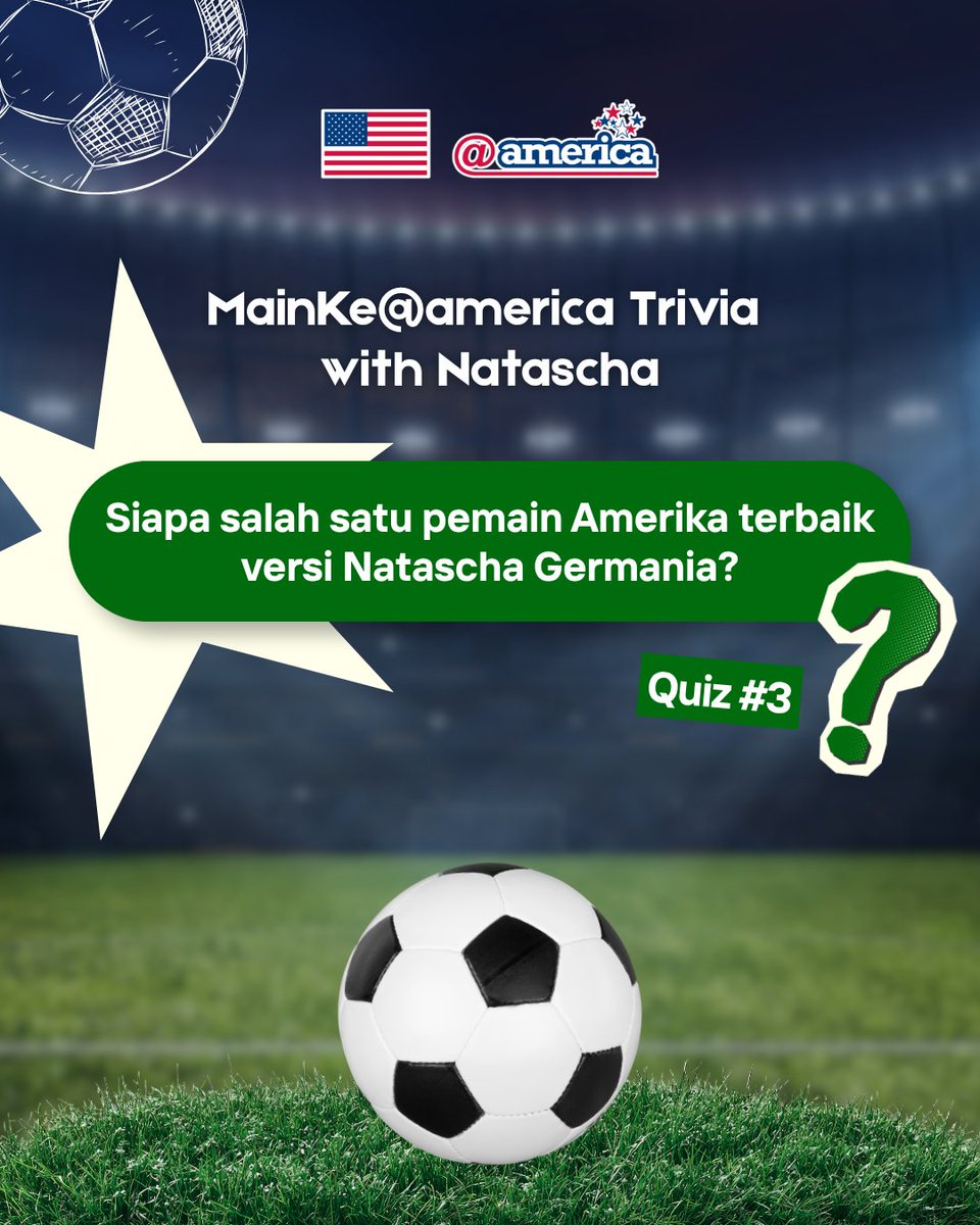 atamerica's tweet photo. MainKe@america Trivia with Natascha - Quiz #3

Share your picks in the comments below and tell us why! 👀⚽

How to participate and win the prizes?
1. Follow @atamerica on Instagram, X, and Facebook
2. Watch the full episode of MainKe@america with Natascha Germania on YouTube
3. Answer the weekly quiz questions on 9, 16, 23 June
4. Submit the answer through the social media comment section, tag three friends to encourage them to join the quiz, and use hashtag #MainKeatamerica #TriviawithNatascha

Last chance to win exclusive soccer merchandise! Good luck, #SOBATamerica! ✨

#MainKeatamerica #TriviawithNatascha