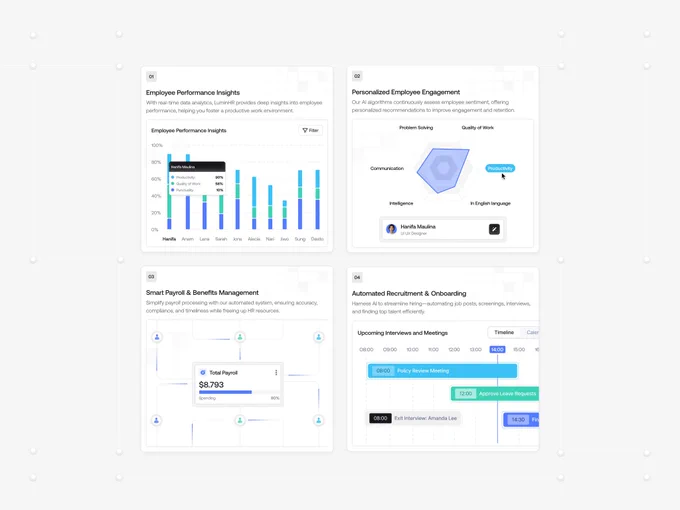 HR SaaS 랜딩 기능 섹션 — 2×2 벤토 카드