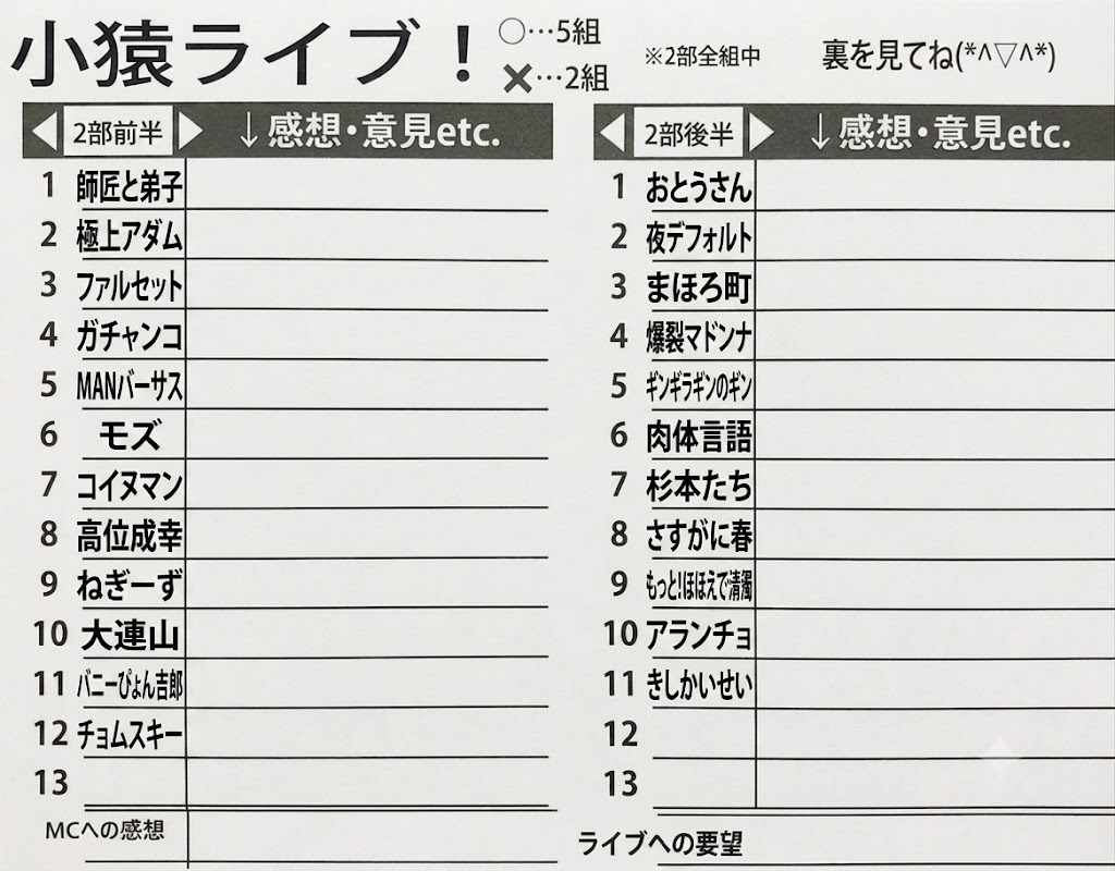 takastarfire's tweet photo. 明日　7/1　(水)　は、

なかの芸能小劇場で小猿ライブ(*^_^*)

上位1組、 大首領大猿ライブ(賞金５０、０００円)　へオファー！

次の1組、　首領猿ライブ(賞金２５，０００円)　へオファー！

7/1(水) 18:25～21:30 なかの芸能小劇場劇場
小猿ライブ！☆☆☆　〜ネタライブ〜

開場18時15分 
１部 開演18時25 終演20時 
２部 開演20時 終演21時30分 
 ※エンディングが10分ほどあります。

会場 　なかの芸能小劇場 
住所 東京都中野区中野５丁目６８−７ 

チケット 1000円 

1部前半
コップ
シンニチ
炊きたてインゴット
くじゃくだん
愛のゼブラ
蒲田キック・パンチ
まちるだ
あんどー単品
マントフフ
ほよよ
ワルヂエ

1部後半
誰よりも高く戸部
お正月
大嶋の一番弟子
だんしゃくいも
みるきぃしげお
センサード
はらっぱソワレ
孝行球児
バブルガム
長い群青
フラットクルーズ

2部前半
師匠と弟子
極上アダム
ファルセット
ガチャンコ
MANバーサス
モズ
コイヌマン
高位成幸
ねぎーず
大連山
バニーぴょん吉郎
チョムスキー

2部後半
夜デフォルト
まほろ町
爆裂マドンナ
ギンギラギンのギン
肉体言語
杉本たち
さすがに春
もっと！ほほえんで清濁
アランチョ
きしかいせい