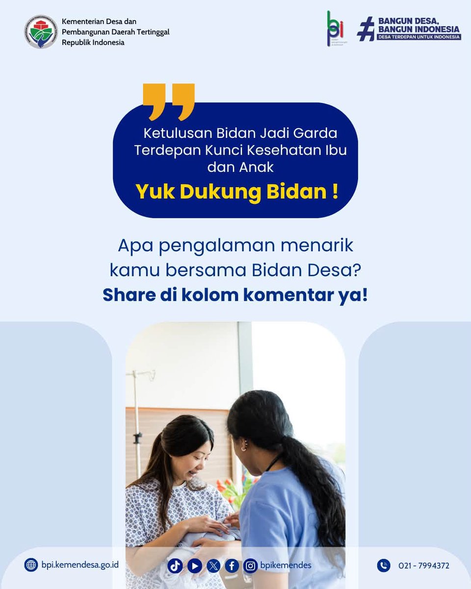 bpikemendes's tweet photo. Mari kita hargai dan dukung Bidan Desa!
Coba Sobat BPI Tag Bidan Desa yang kamu kenal di komentar dan bagikan cerita positif mereka. Bersama kita wujudkan desa yang sehat dan sejahtera!
#BidanDesa #KesehatanDesa #SelamatkanIbuDanAnak #BangunDesaBangunIndonesia #KemendesPDT https://t.co/0q1vIBR9uD