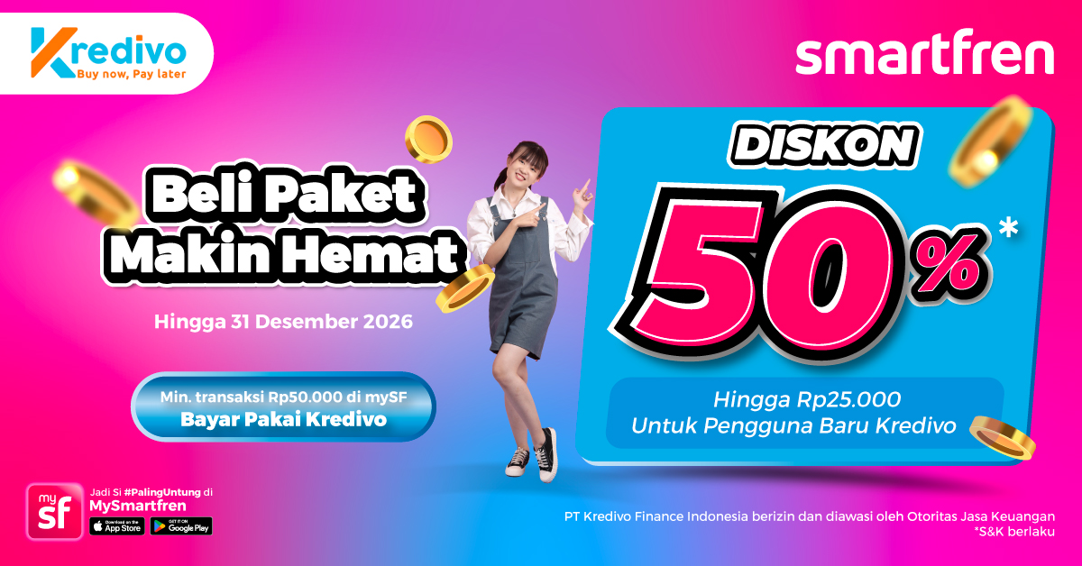 smartfrenworld's tweet photo. Beli paket di mySF makin hemat pakai Kredivo!🤑✨ Diskon 50% hingga 25rb buat pengguna baru Kredivo. Beli data min. 50rb di aplikasi MySmartfren dan bayar pakai Kredivo! Berlaku s.d 31 Desember 2026

#SMARTFREN #SMARTFRENxKredivo #MySmartfren #mySFAplikasiJagoan https://t.co/xFZI8DGGGS