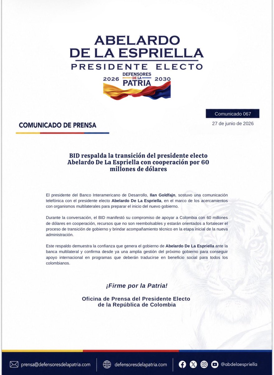 defensoresco's tweet photo. #ATENCIÓN | El Banco Interamericano de Desarrollo (BID) respaldó el inicio del Gobierno del presidente electo de Colombia, Abelardo De La Espriella (@ABDELAESPRIELLA), con una cooperación por 60 millones de dólares destinada a fortalecer el proceso de transición y brindar acompañamiento técnico a la nueva administración.

Los recursos, que no son reembolsables, reflejan el respaldo del organismo multilateral al proceso de transición y estarán destinados a apoyar la etapa inicial del nuevo Gobierno.