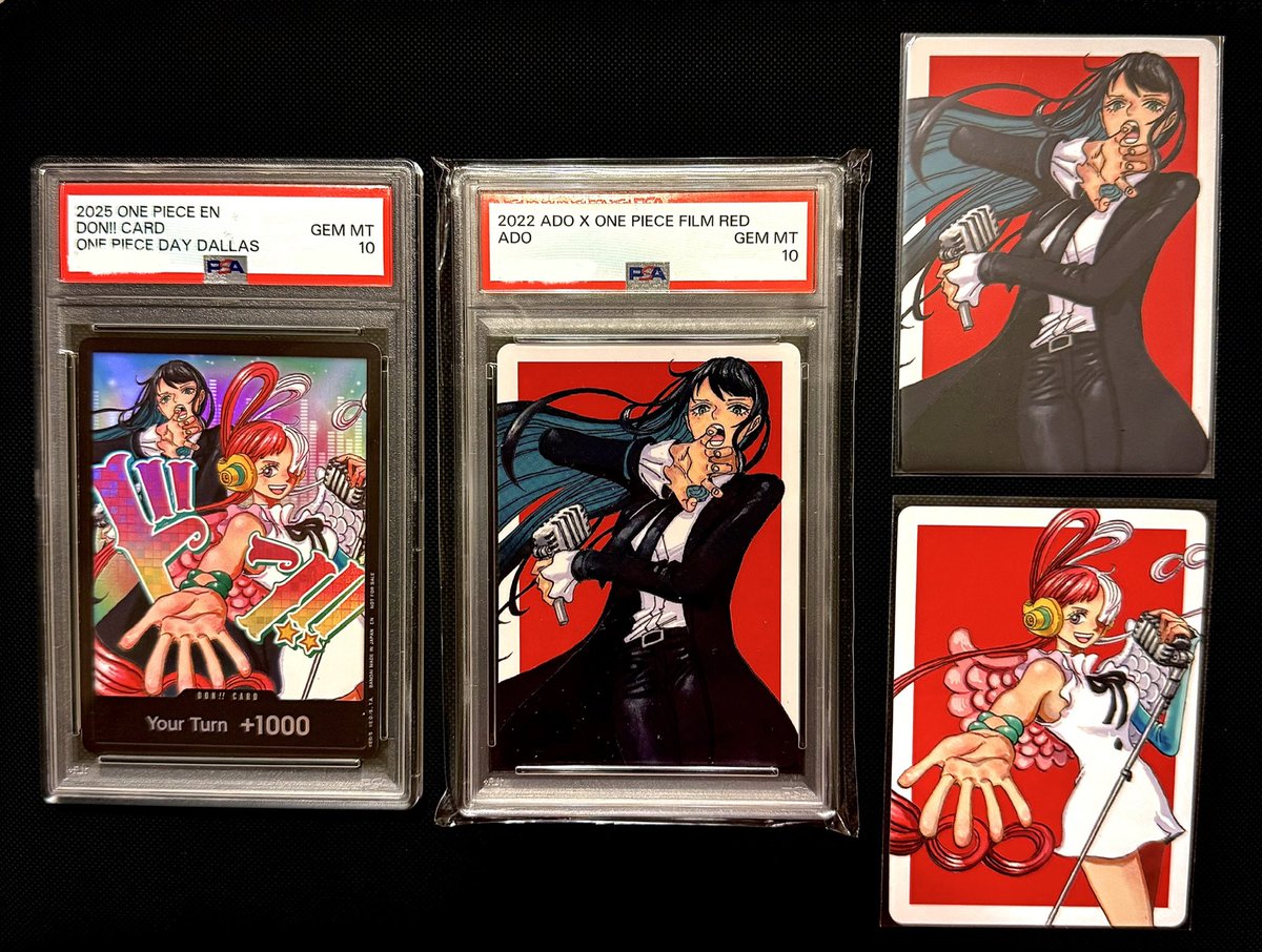 Davy_D_Xebec_'s tweet photo. My favorite collab in One Piece is the collab with @ado1024imokenp who voiced Uta in Film Red. My favorite singer and anime collaborating feels like worlds colliding and I’m all for it. The art is an illustration of Ado by Eiichiro Oda. 

The don was part of Dallas day 2025 promo and the others are from the Film Red DVD promo and were given out during the first print distribution of the DVD with each DVD having a 1/4 chance of pulling an Ado card. Psa 10 pop of it is just 46 and only 104 graded copies exist making it ultra rare and hard to find. 

#OnePiece #Ado