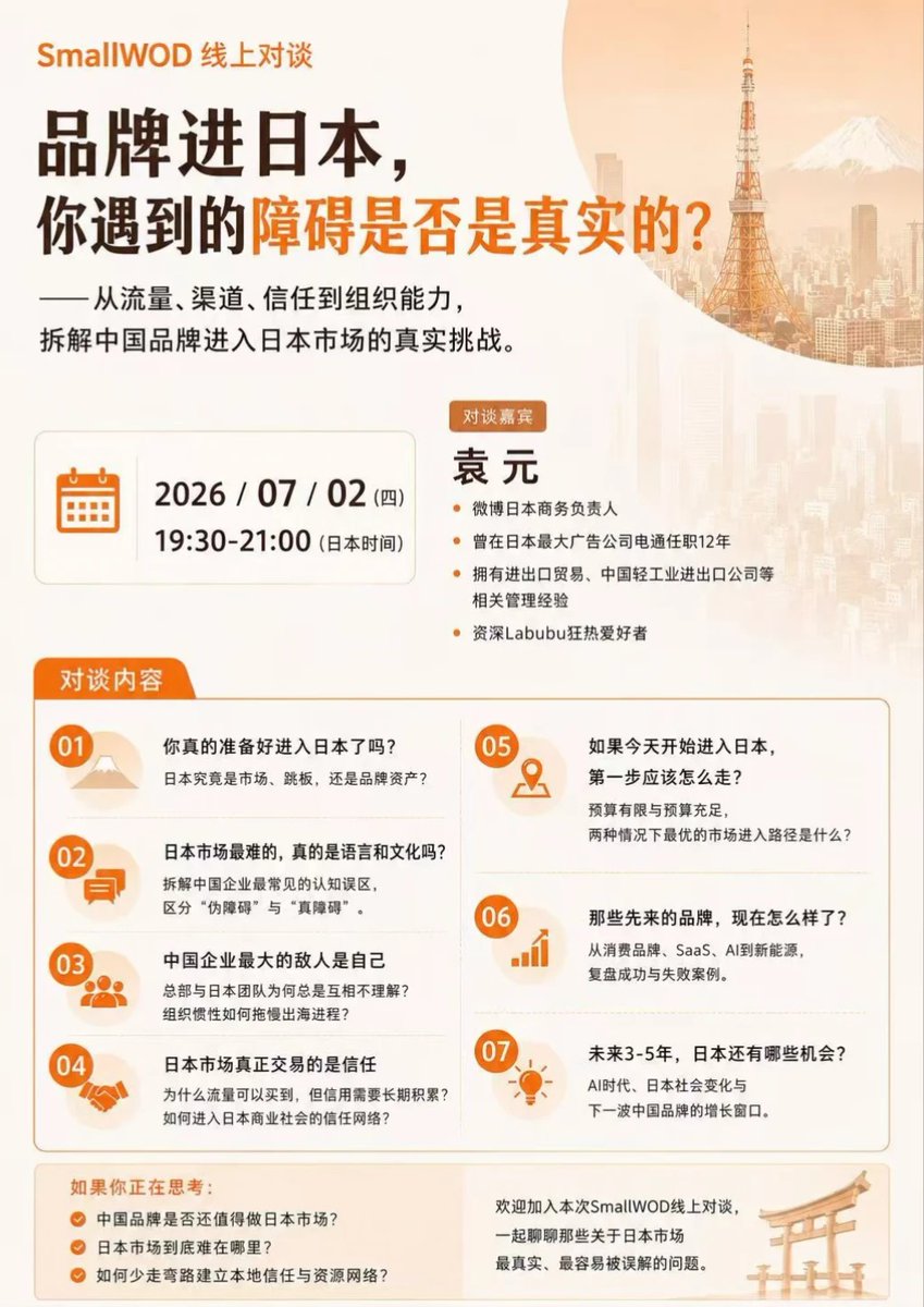 SmallWOD's tweet photo. 日本市场现在是最坏的时代，也是最好的时代？

7月2日 19:30-21:00 JST，SmallWOD线上对谈邀请袁元，一起聊聊中国品牌进入日本市场的真实挑战。

流量、渠道、信任、本地组织能力，哪个才是最难跨过去的门槛？如果今天开始做日本市场，第一步又该怎么走？

加入方式见@SmallWOD 主页置顶帖

#日本市场 https://t.co/AZLmMjlFgR
