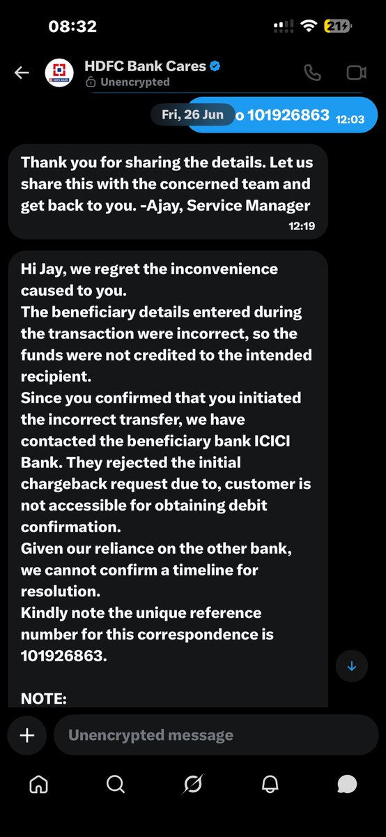 jayseth1's tweet photo. Who is at fault and what is the solution for this? Attaching both statements from hdfc and icici for you both to figure out who’s doing the needful and who’s not?
It’s 40k hard earned money, please respect it !!
@HDFC_Bank @HDFCBank_Cares @ICICIBank @ICICIBank_Care @RBI @RBIsays https://t.co/inedt1o3qp