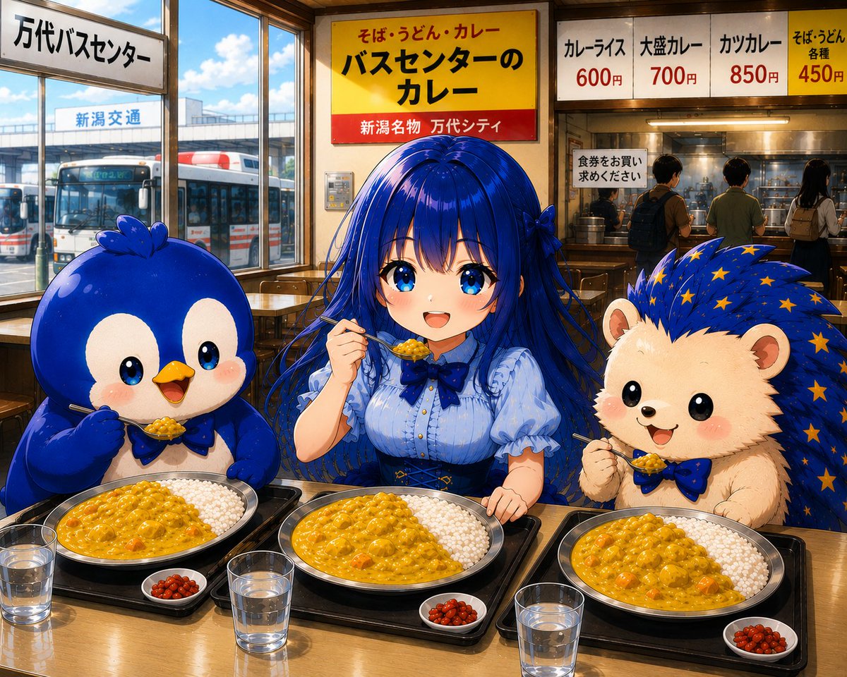 もぐちび　 バスセンターのカレーﾓｸﾞﾓｸﾞ #もぐちび #AIイラスト