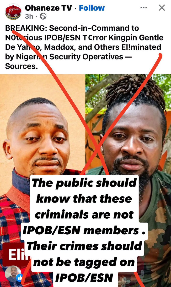 four_unit's tweet photo. Public Notice :

These criminals are not IPOB/ESN members . kindly disregard all these Nigerian media groups tagging all  criminals to IPOB/ESN .

IPOB LEADERSHIP led by Mazi Chika EDOZIEM insist on REFERENDUM,FREE BIAFRA @AU @EU @UN @KREMLIN @WHITEHOUSE @ECOWAS @AMNESTY https://t.co/yMpzJX9JgJ