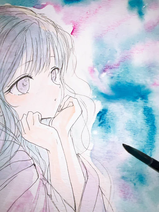 wip 透明水彩 下塗りができたので色を重ねていきます #イラスト #アナログ絵