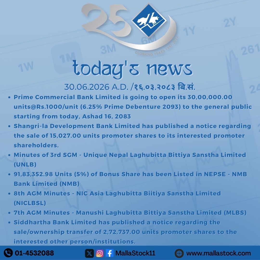 MallaStock11's tweet photo. Today's News         
Tuesday, June 30th, 2026                                                                                                                                     

#NEPSE #MallaStock11 #TodaysAnnouncement #ShareMarket https://t.co/pzLhkcrmFZ