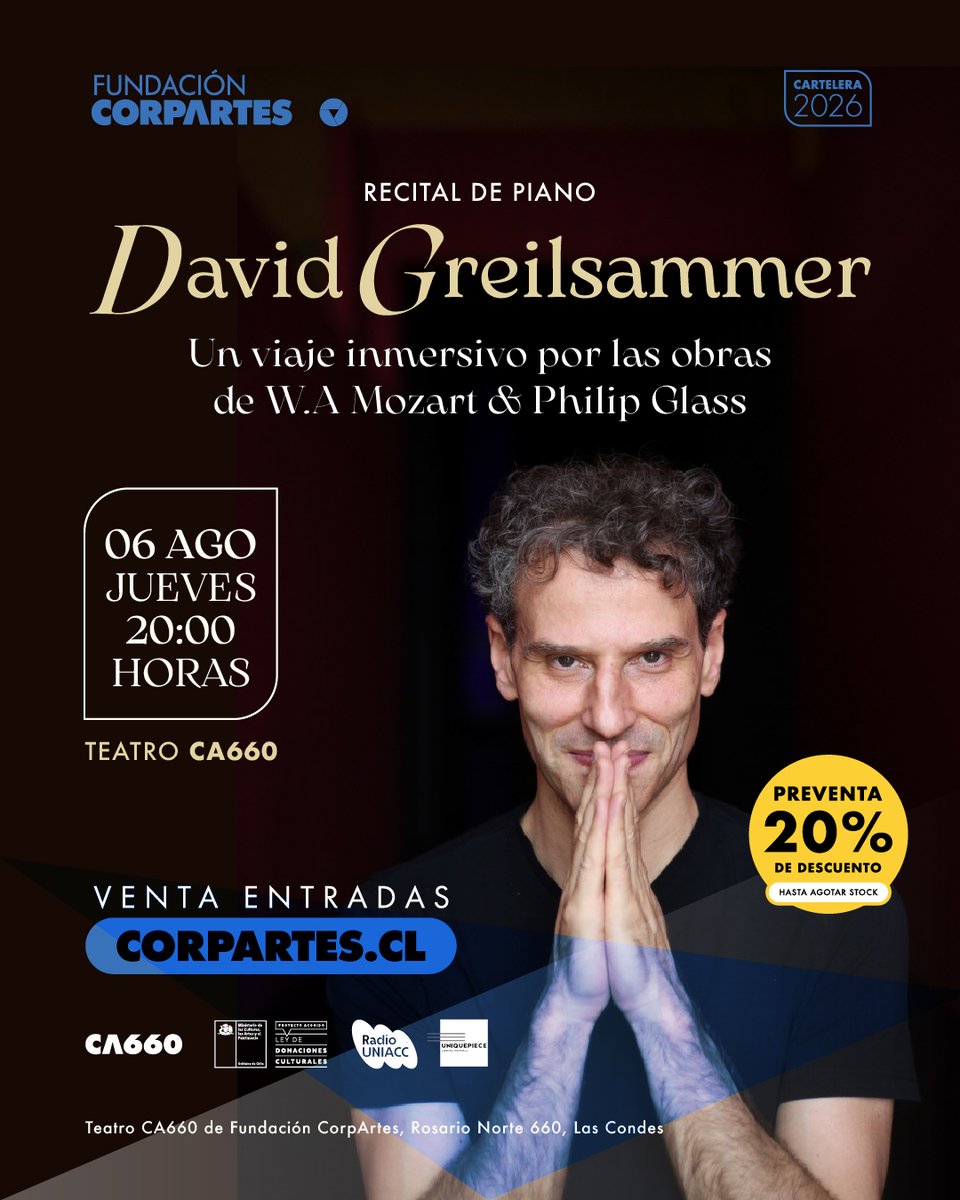 CorpArtes's tweet photo. PREVENTA HASTA ESTE VIERNES🔥
Uno de los intérpretes más fascinantes de la música clásica actual, David Greilsammer, llega por primera vez a #Chile con “Un viaje inmersivo por las obras de W.A #Mozart & #PhilipGlass”.
🎟️Tickets en descuento: https://t.co/Tz7lglsCxY https://t.co/TR0zbOuYDm