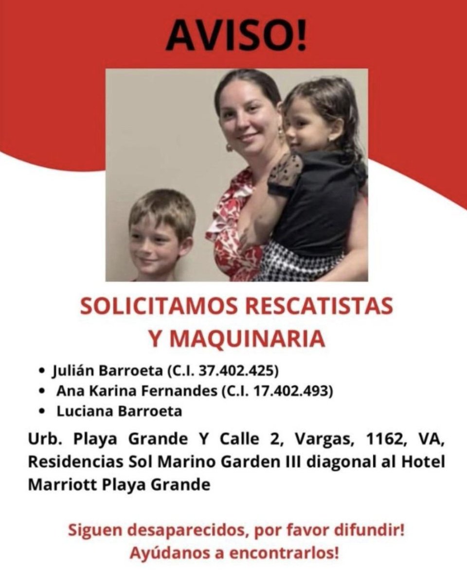 Rossyluz's tweet photo. Urgente: Siguen desaparecidos. Residencias Sol Marino Garden II, Urb. Playa Grande. Por favor difundir 🙏🏻 https://t.co/t3hvQFeijY