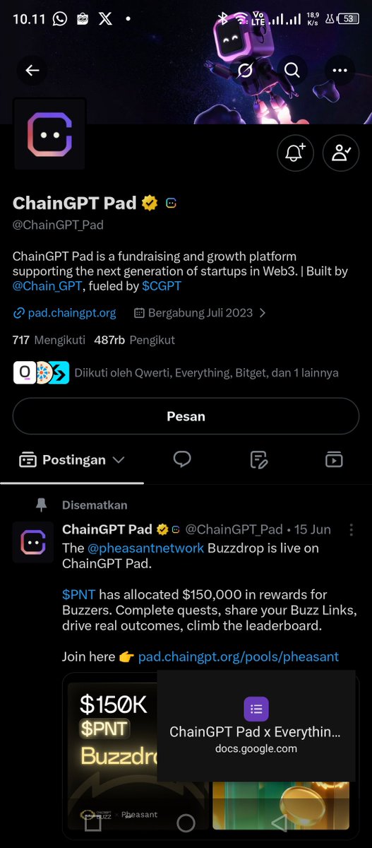 cevikadua's tweet photo. @ChainGPT_Pad @trdEverything Done https://t.co/n4spZpXlIO