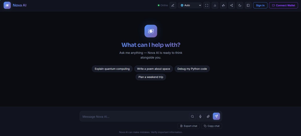 NovaStudiosAI's tweet photo. Hot take:

The next 1000x on Solana won't be a dog coin.

It'll be a project with a real product behind it.

Nova AI has:
✅ Live product
✅ Growing community
✅ Wallet connect
✅ $NOVA token coming

https://t.co/tzdjmtC90c

#Solana #AI https://t.co/qgmDlEvQWI