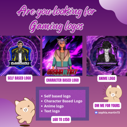 sm0048573's tweet photo. Level up your gaming brand with a custom logo! 
Self-Based Logos
Character-Based Logos
Anime Logos
Text Logos
Starting at just $60 💜
DM me or @MADAlphaDesigns for bring your vision to life!
#GFX #GraphicDesigner #GamingLogo #Esports #Streamer #Twitch #Kick #YouTubeGaming https://t.co/6i5CdEXdaX
